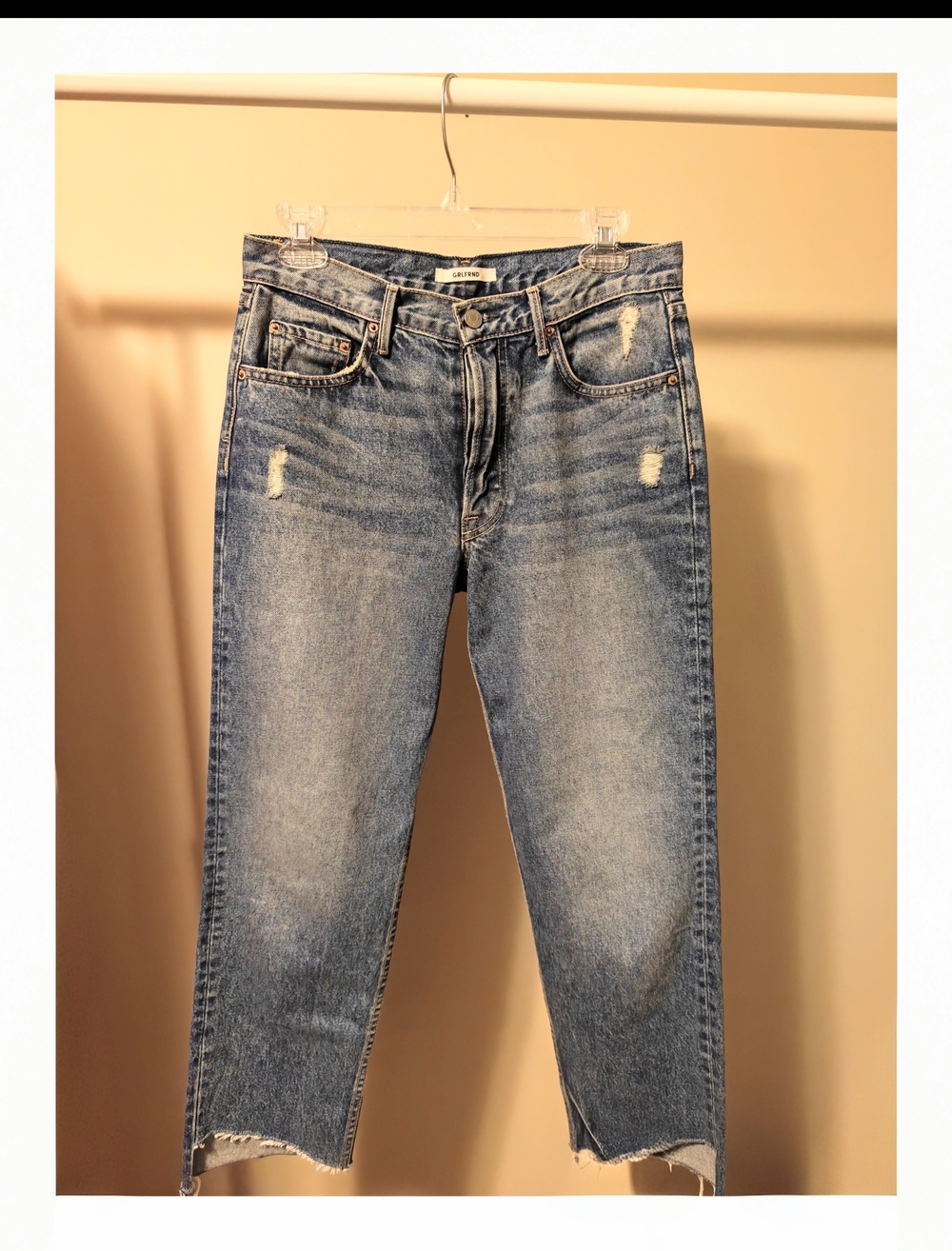 GRLFRND Women's Straight Light-Mid Blue Distressed Jeans